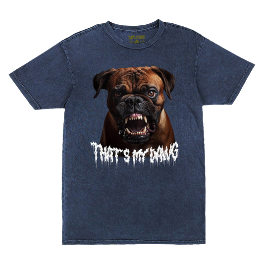 a blue t - shirt with an image of a dog with the words that '