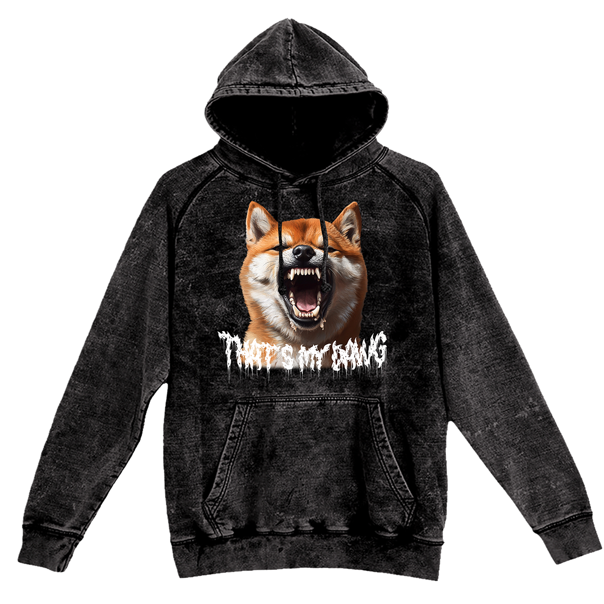 a black hoodie with a picture of a dog on it