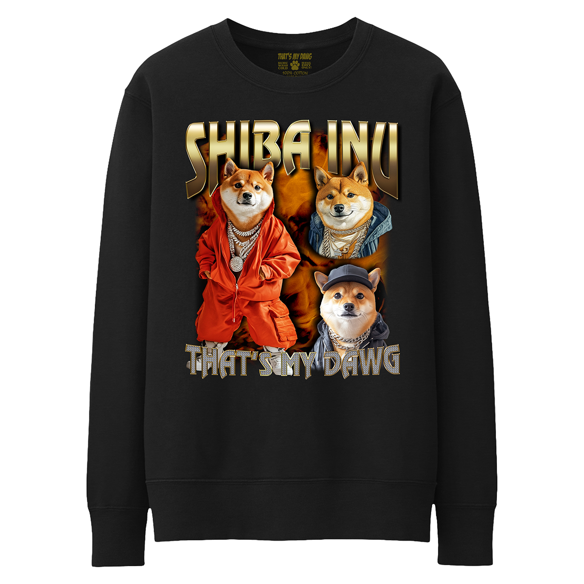 a black sweatshirt with three corgi dogs on it