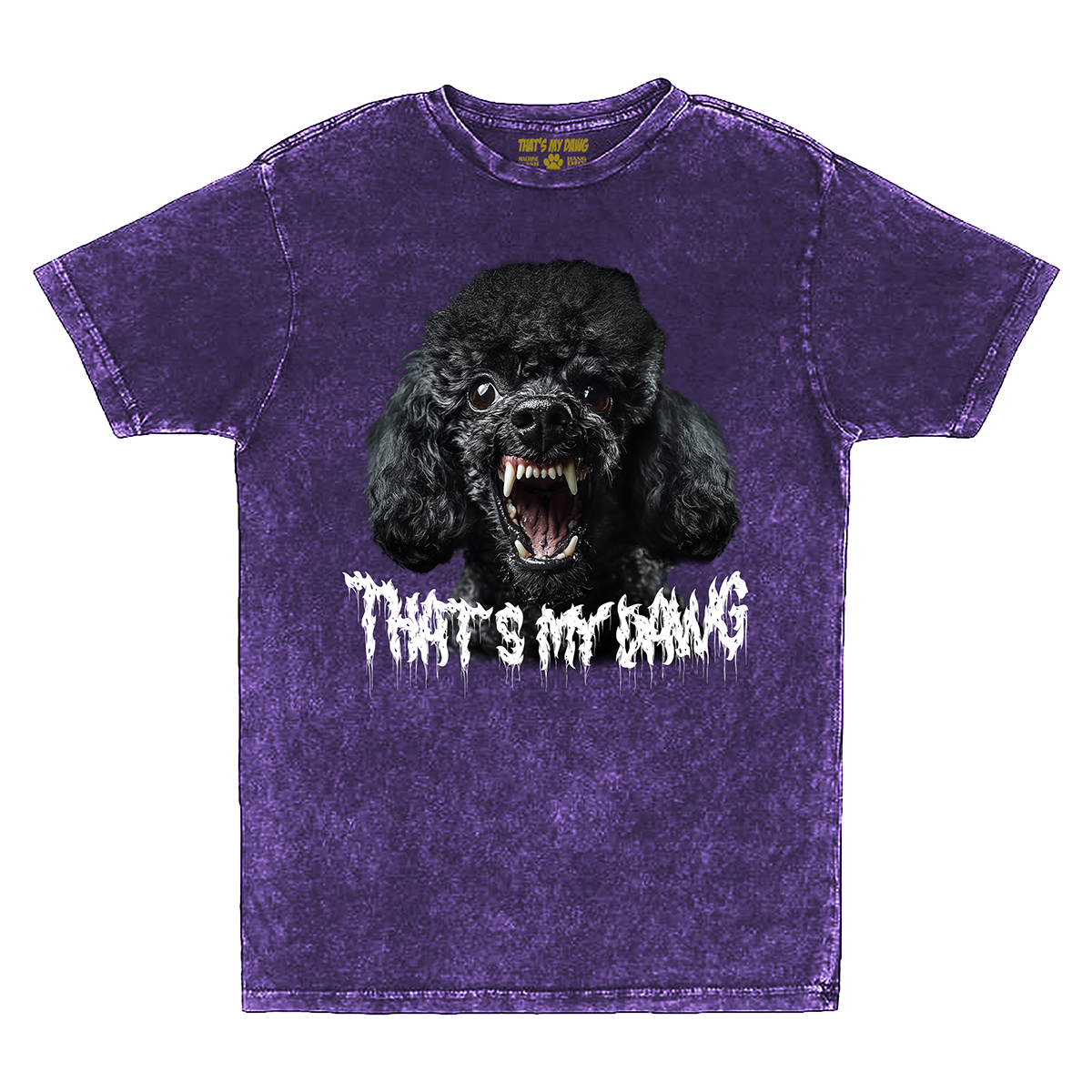 a purple t - shirt with a black poodle's face and the words