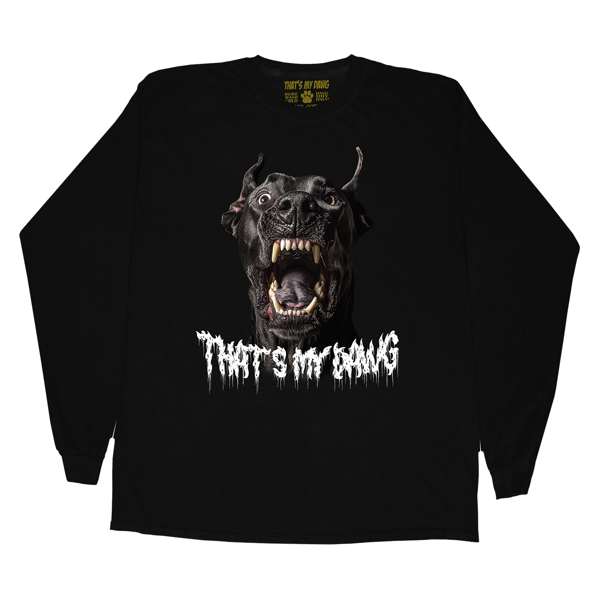 a black t - shirt with a picture of a dog's mouth