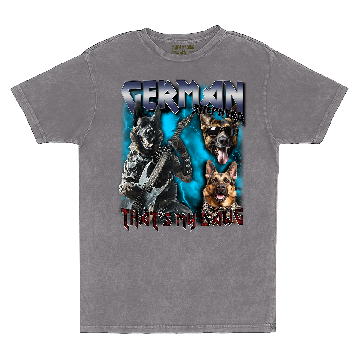 a gray t - shirt with a picture of two dogs on it