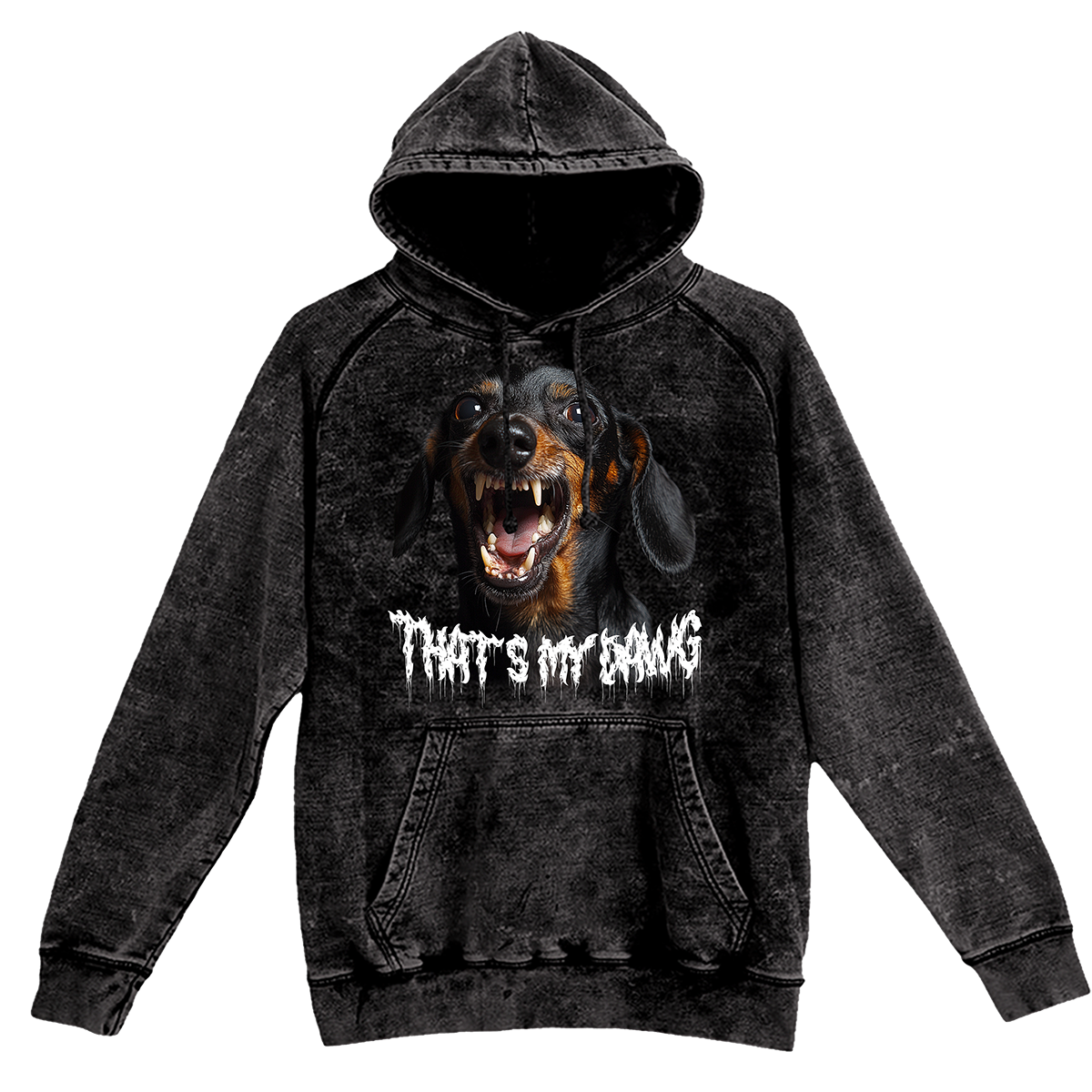 a black hoodie with a picture of a dog on it