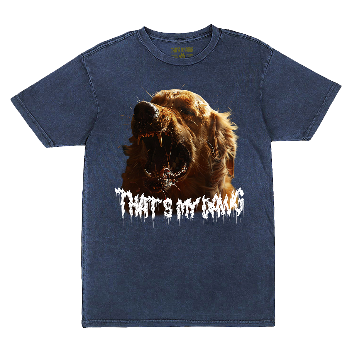 a blue t - shirt with an image of a dog's mouth