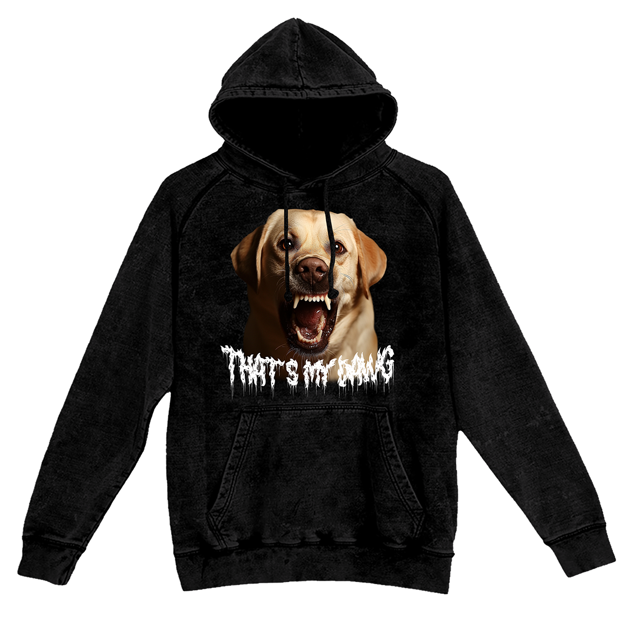 a black hoodie with a picture of a dog on it
