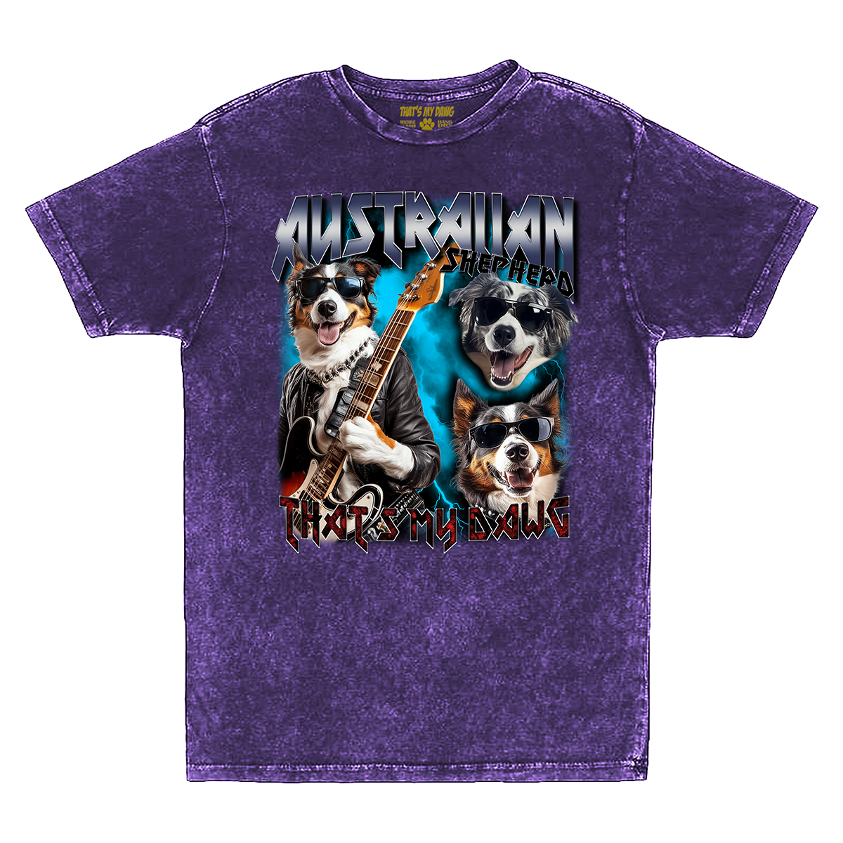 a purple shirt with two dogs playing guitar