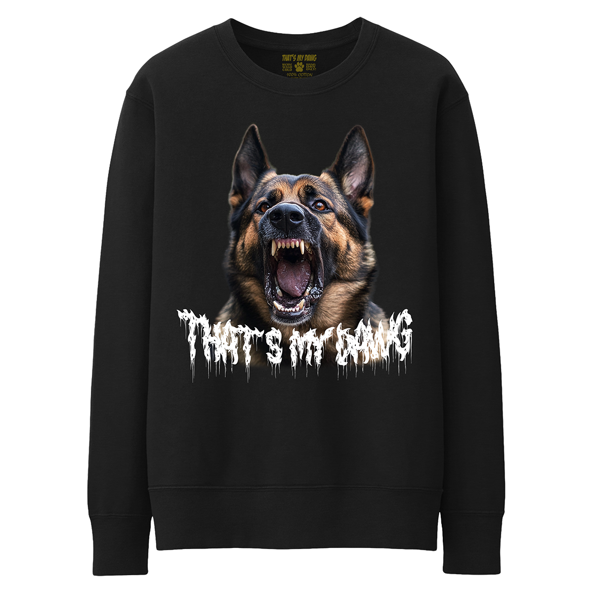 a black sweatshirt with an image of a dog with it's mouth open