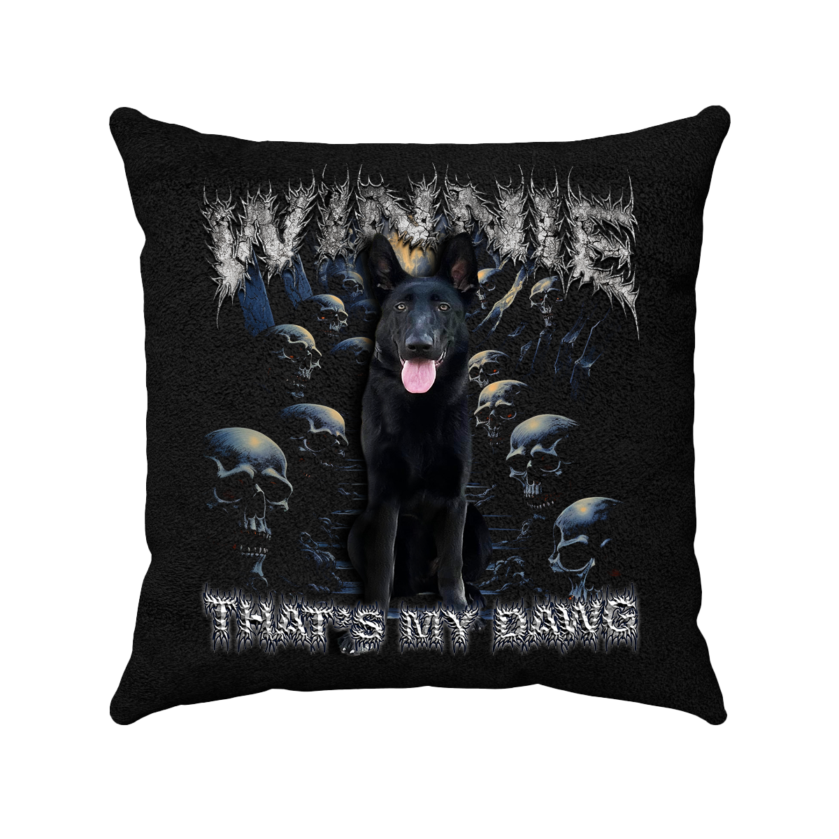 a black pillow with a black dog on it