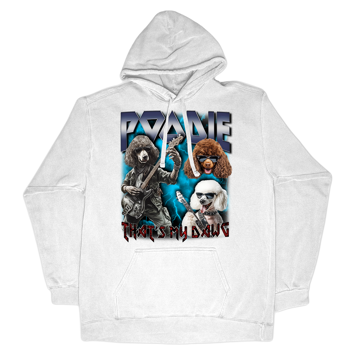 a white hoodie with a picture of a group of people on it