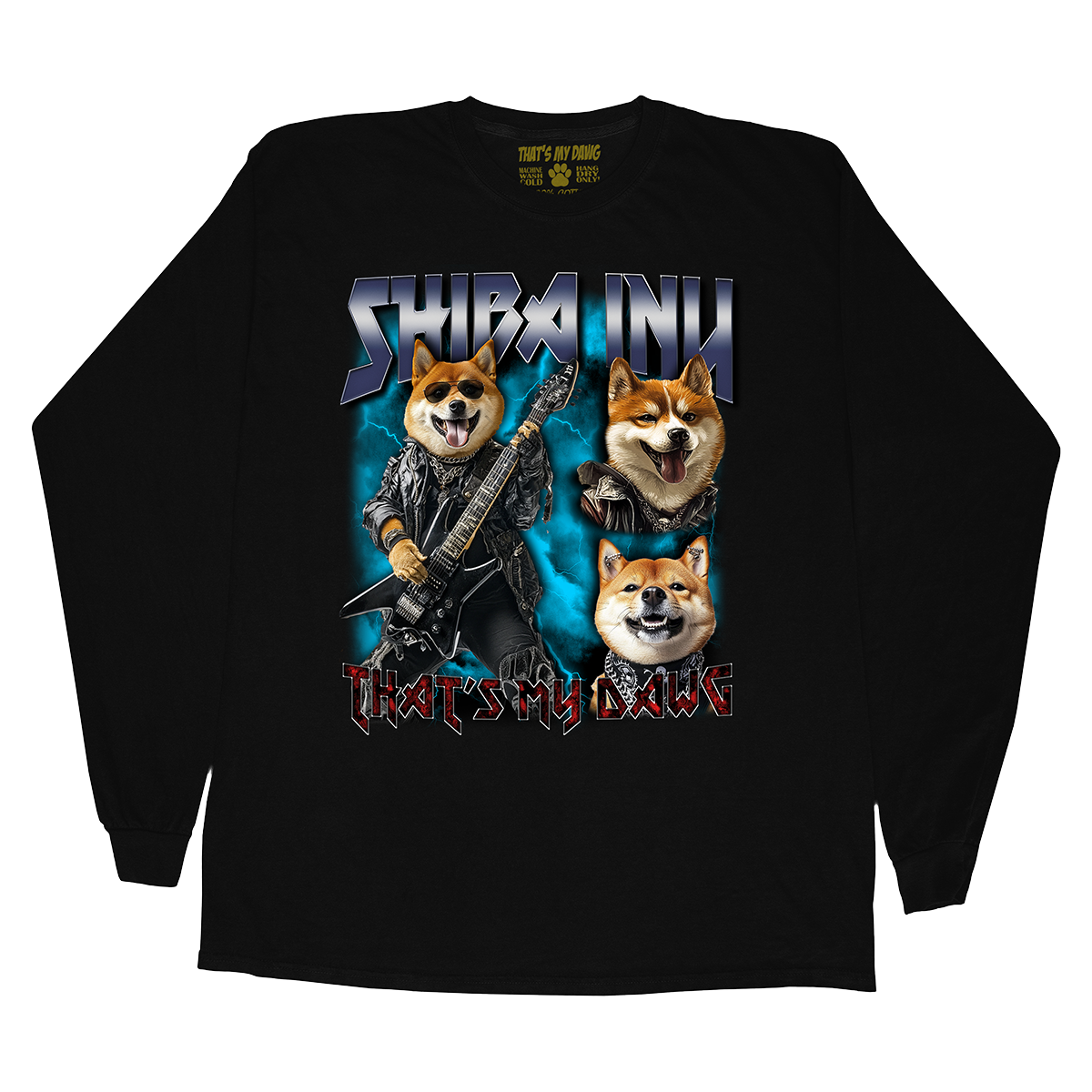 a black shirt with three dogs and a guitar