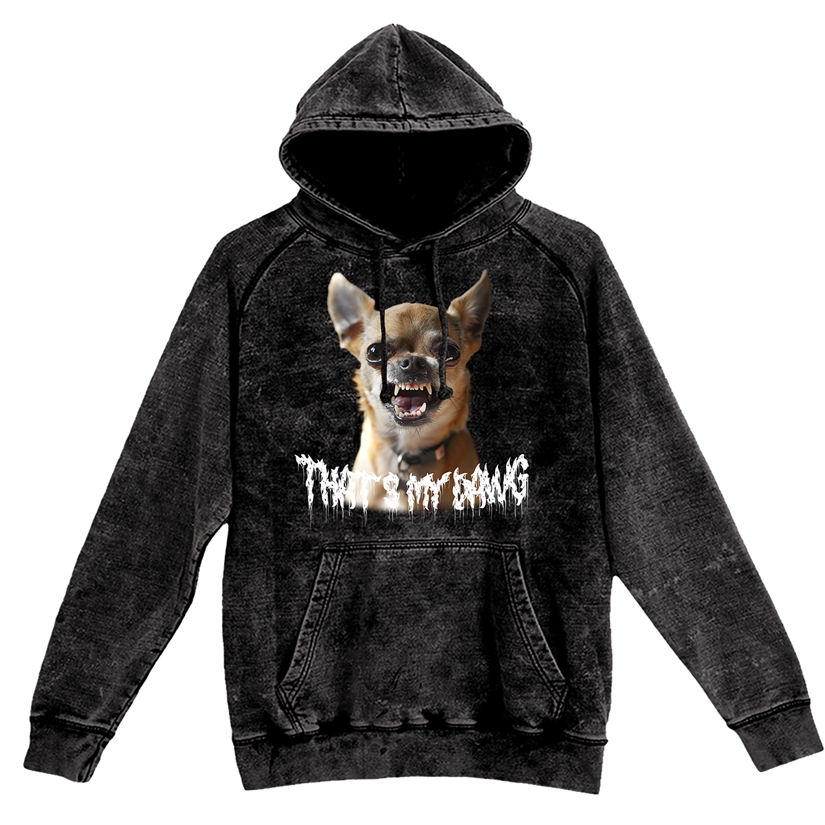a black hoodie with a picture of a dog on it