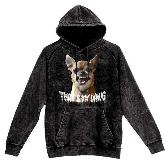 a black hoodie with a picture of a dog on it