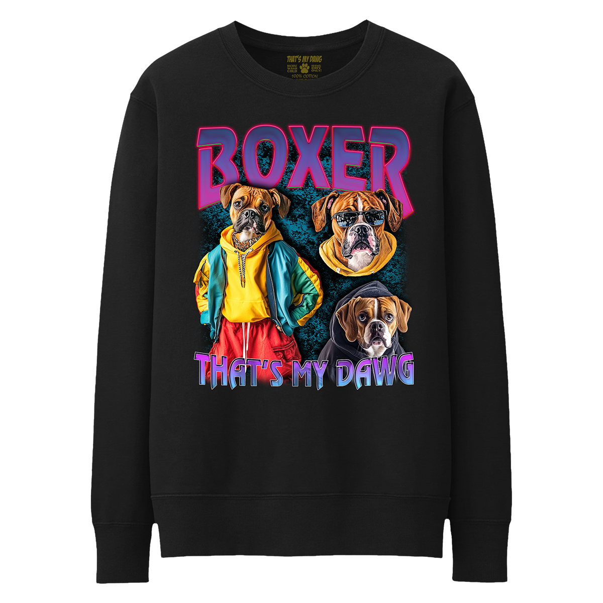 a black sweatshirt with two boxers on it