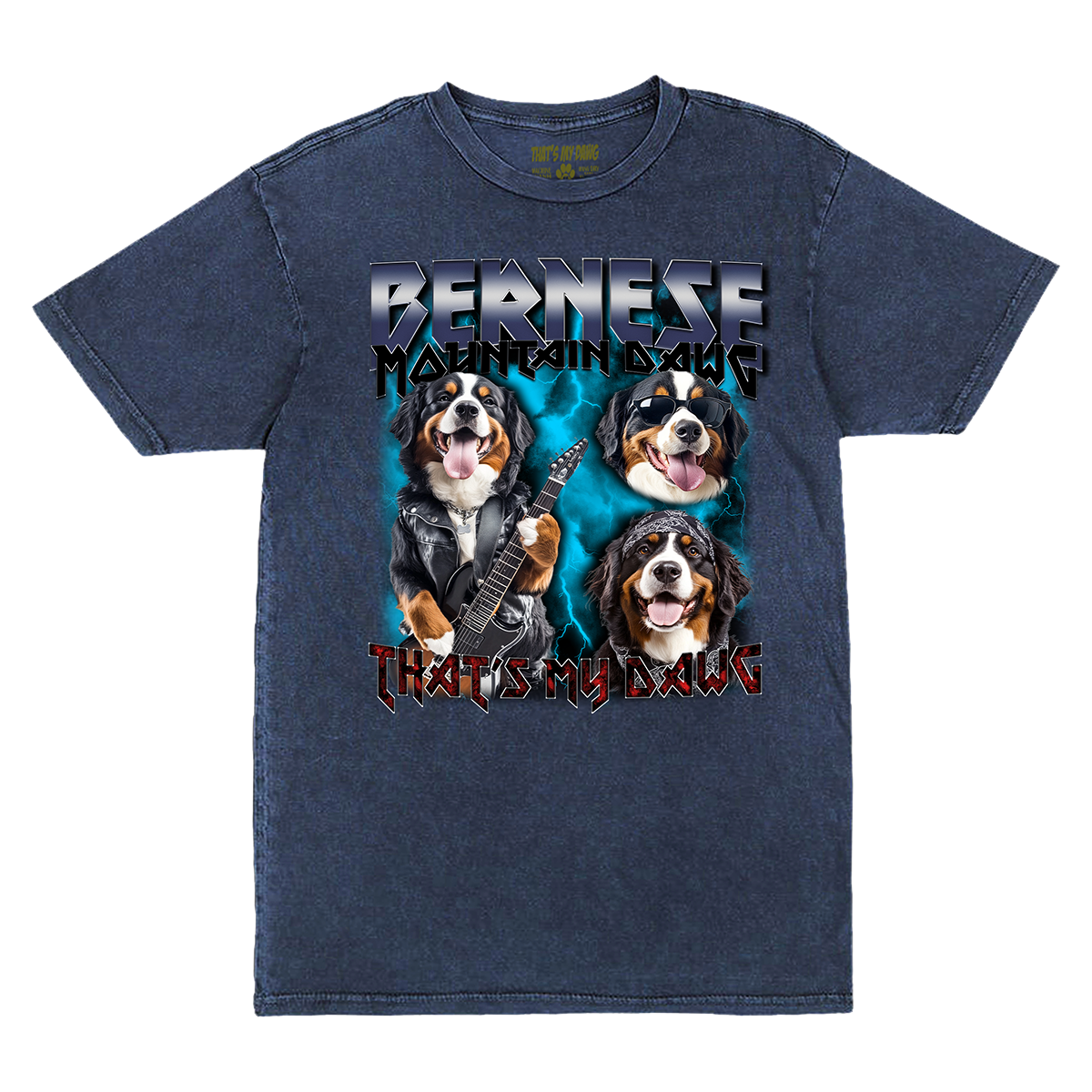 a blue t - shirt with a picture of two dogs on it
