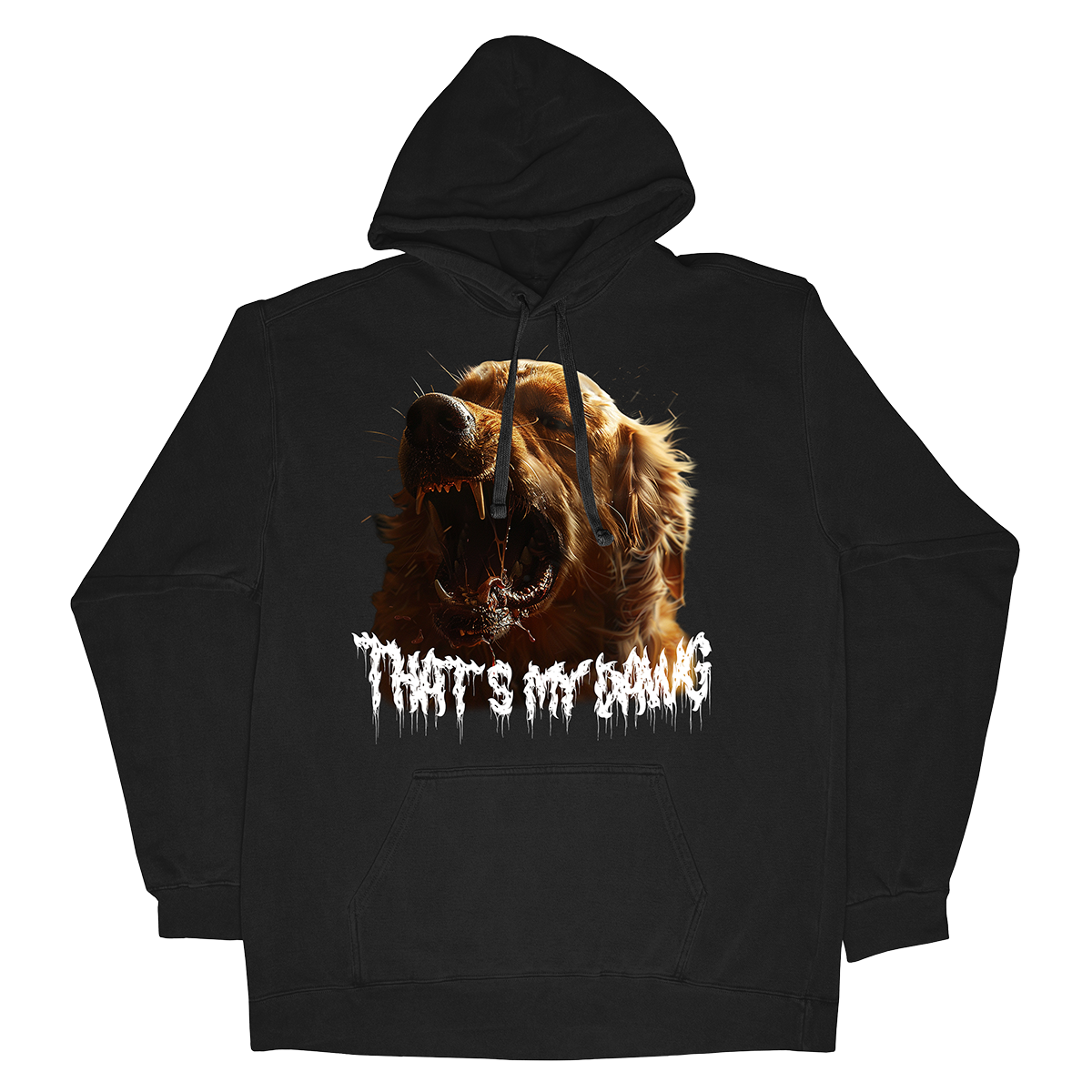 a black hoodie with a picture of a dog on it