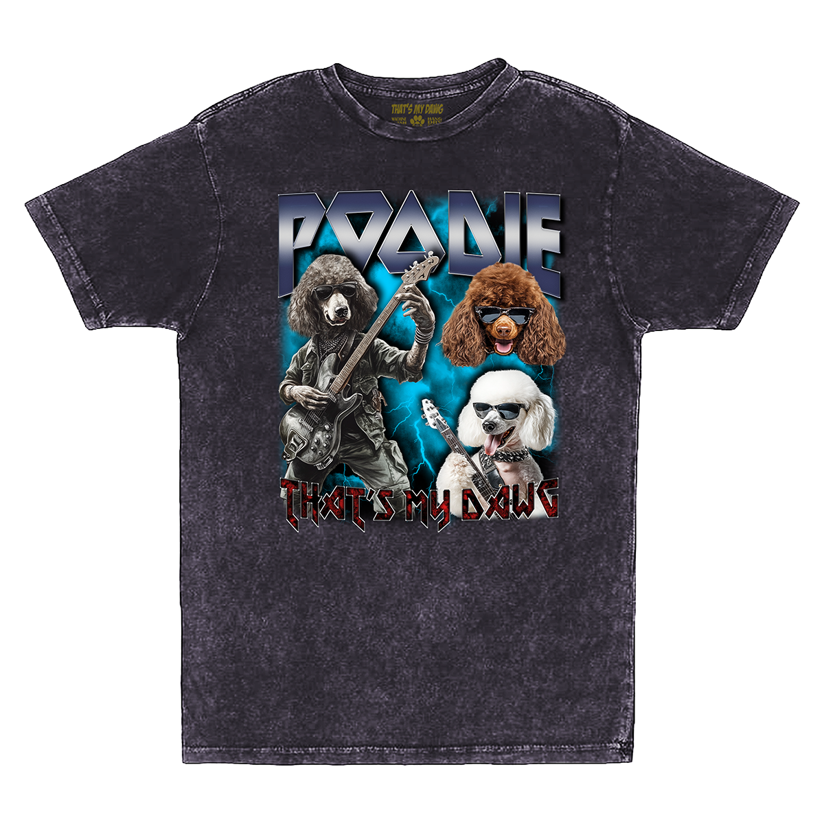 a black t - shirt with a picture of two dogs and a guitar player