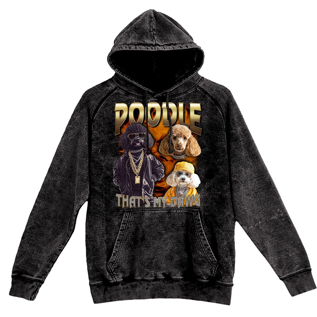 a black hoodie with a picture of dogs on it