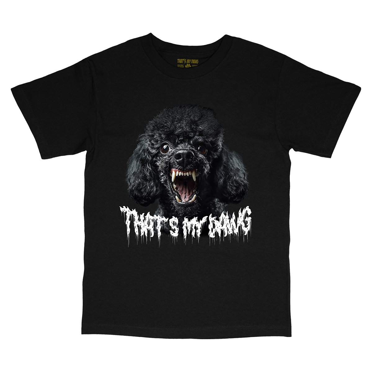 a black t - shirt with an image of a black poodle