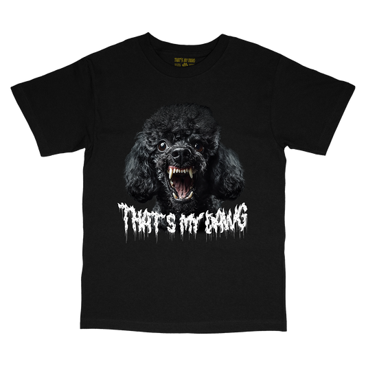 a black t - shirt with an image of a black poodle