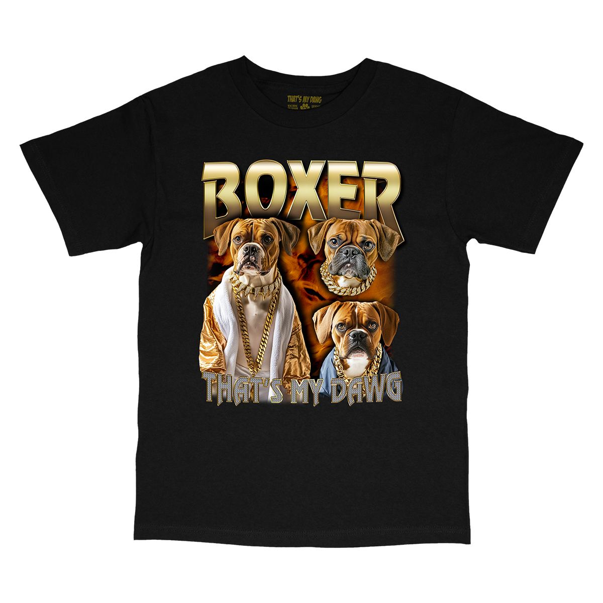 a black t - shirt with two boxer dogs on it