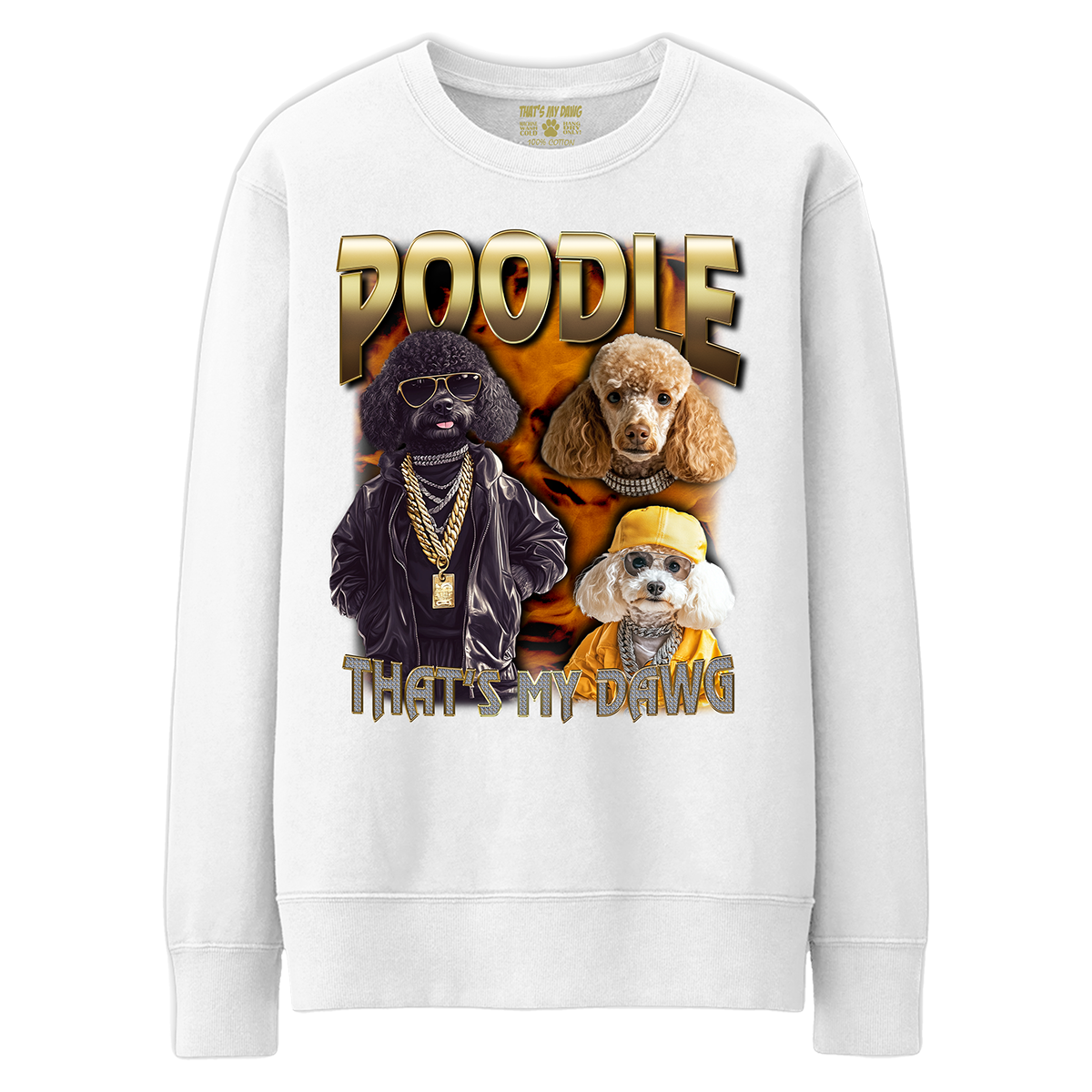 a white sweatshirt with a picture of poodles on it