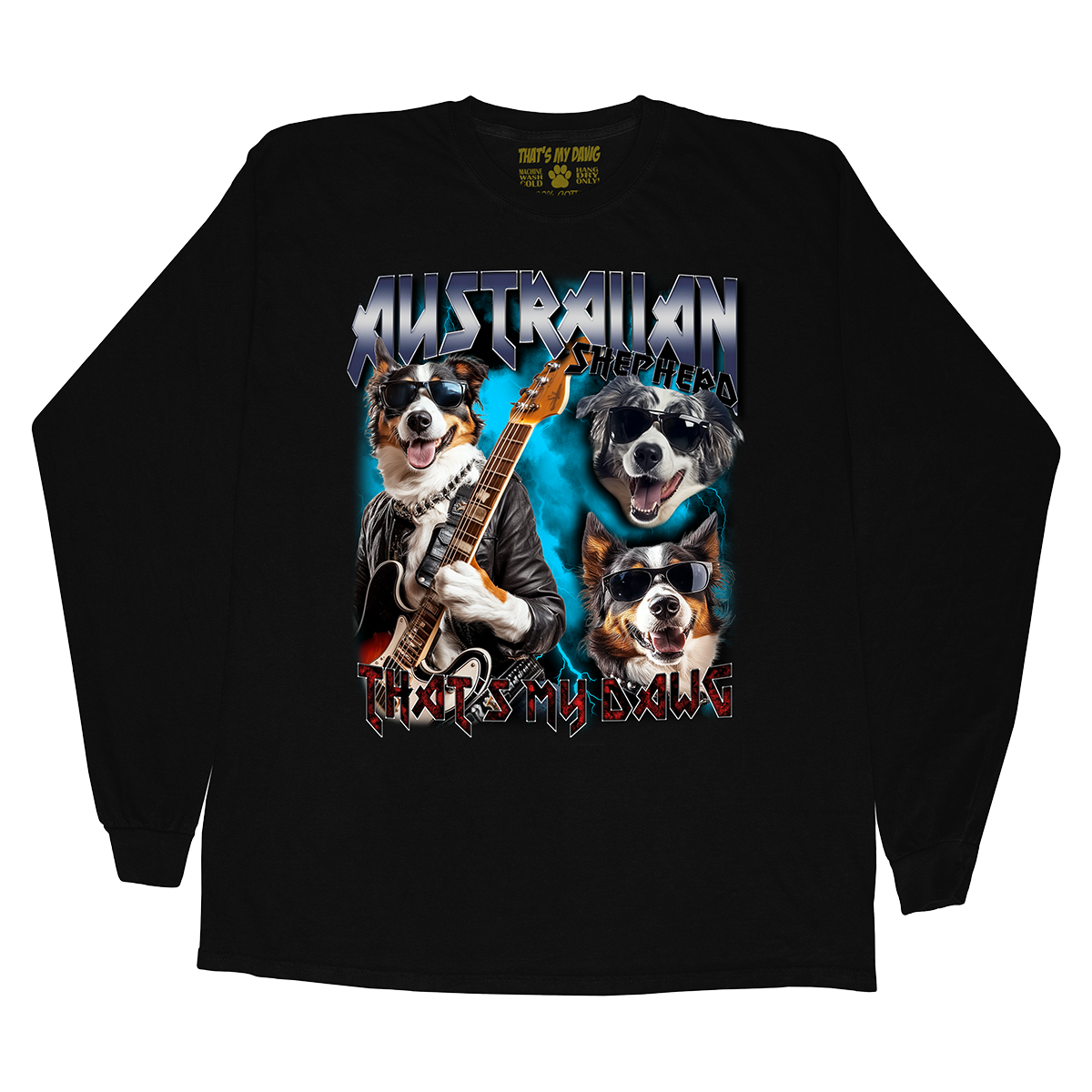 a black long sleeve shirt with three dogs on it