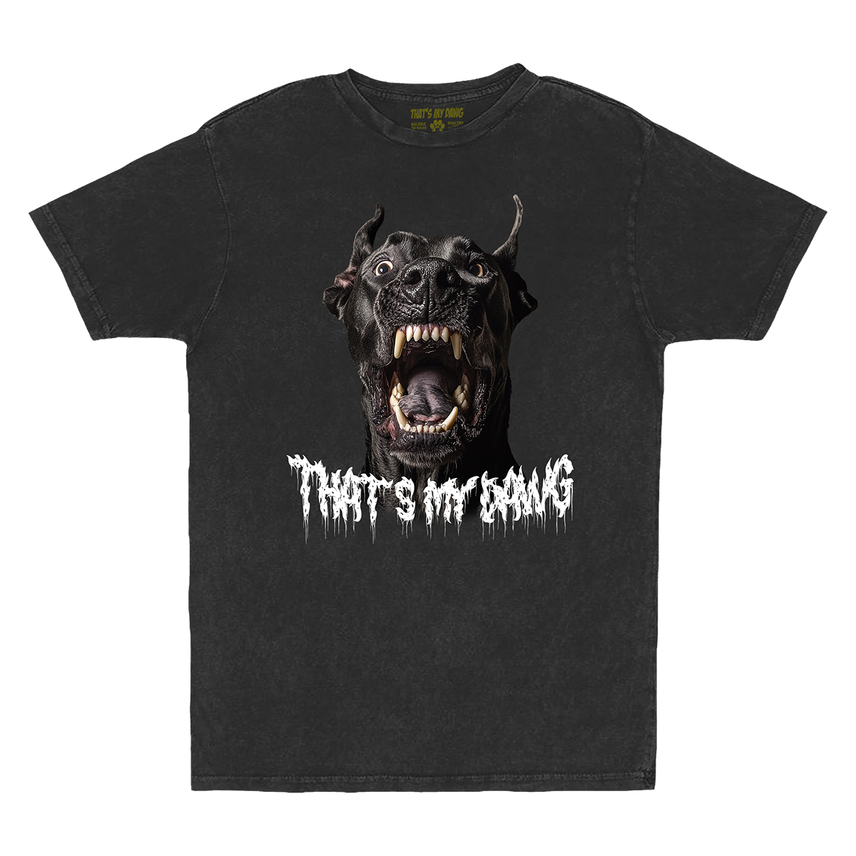 a black t - shirt with an image of a dog's mouth
