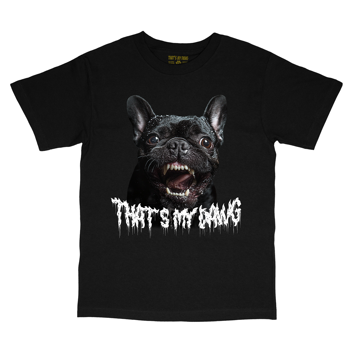 a black t - shirt with a picture of a dog with teeth