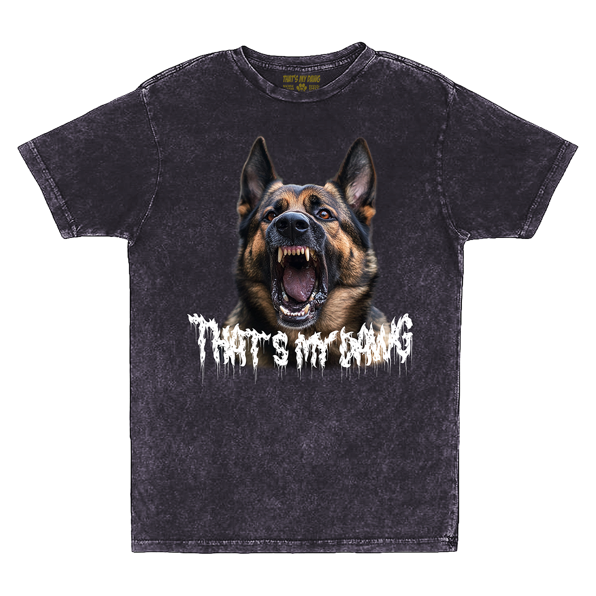 a black t - shirt with a picture of a dog with it's mouth