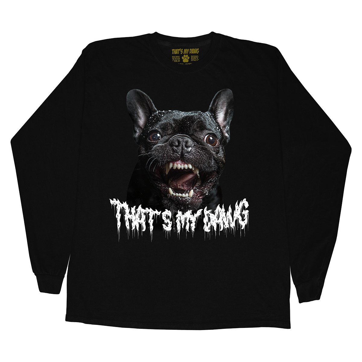 a black shirt with an image of a dog with fangs