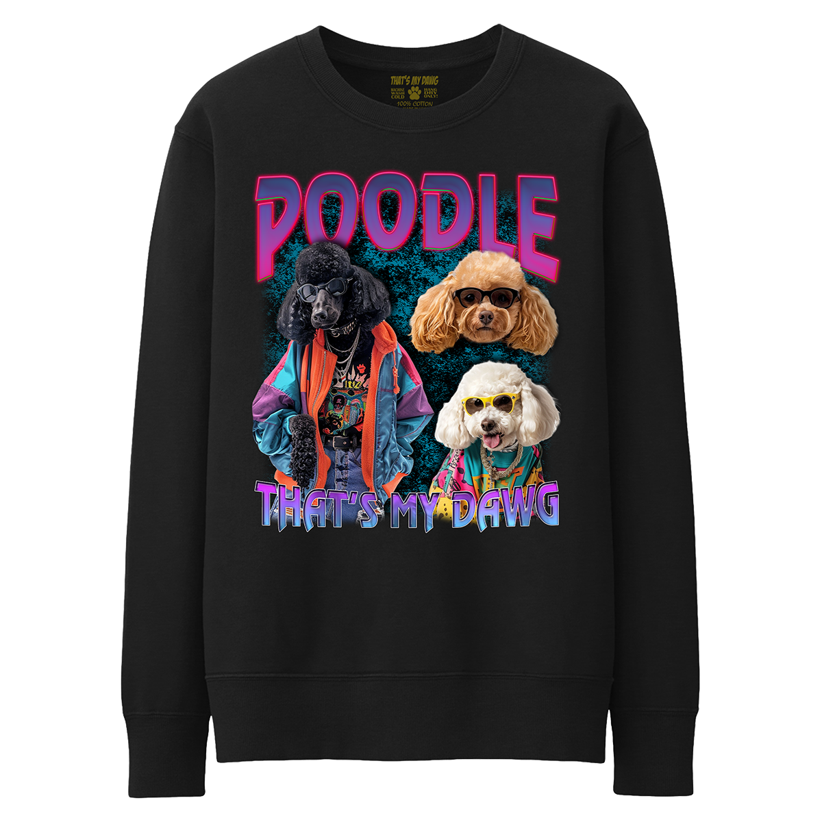 a black sweatshirt with three poodles on it