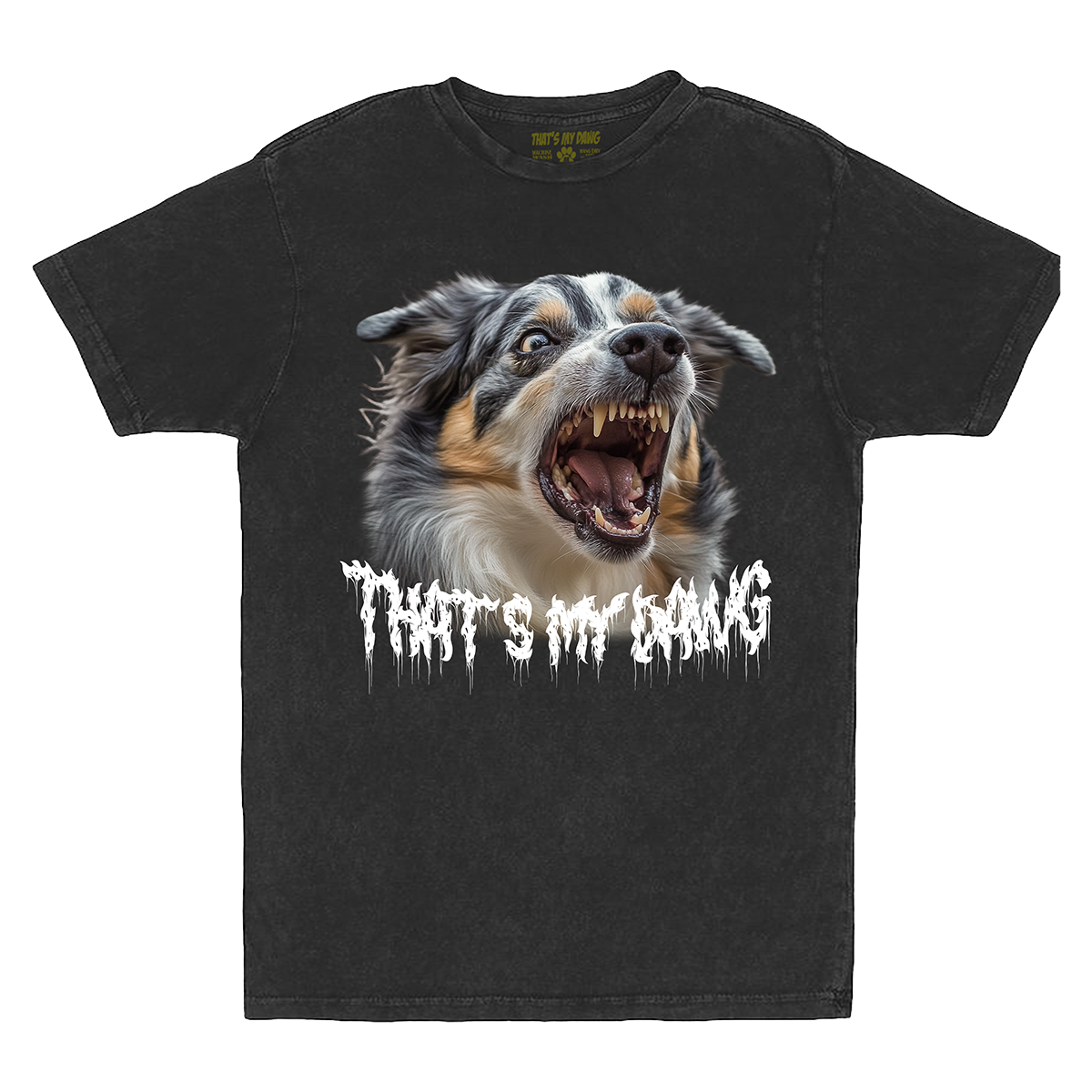 a black t - shirt with a picture of a dog's mouth