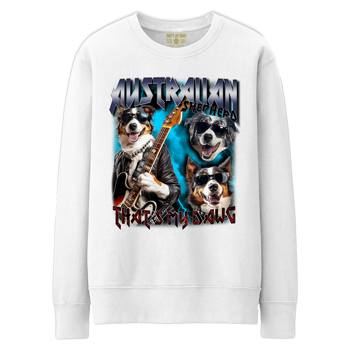 a white sweatshirt with three dogs on it