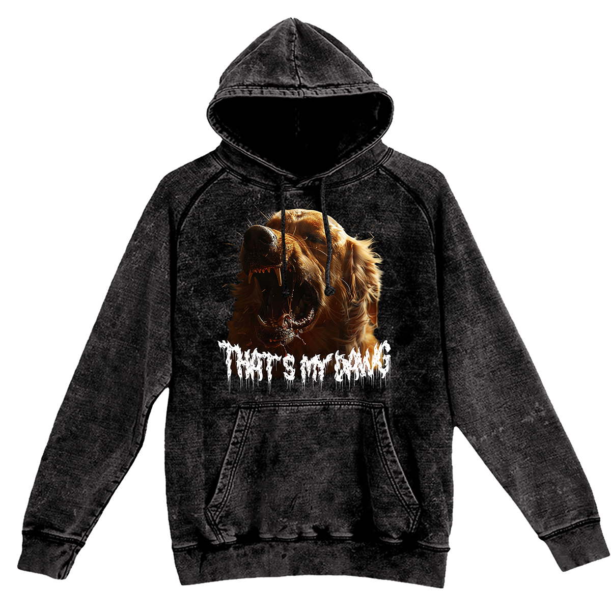 a black hoodie with a picture of a dog on it