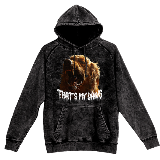 a black hoodie with a picture of a dog on it