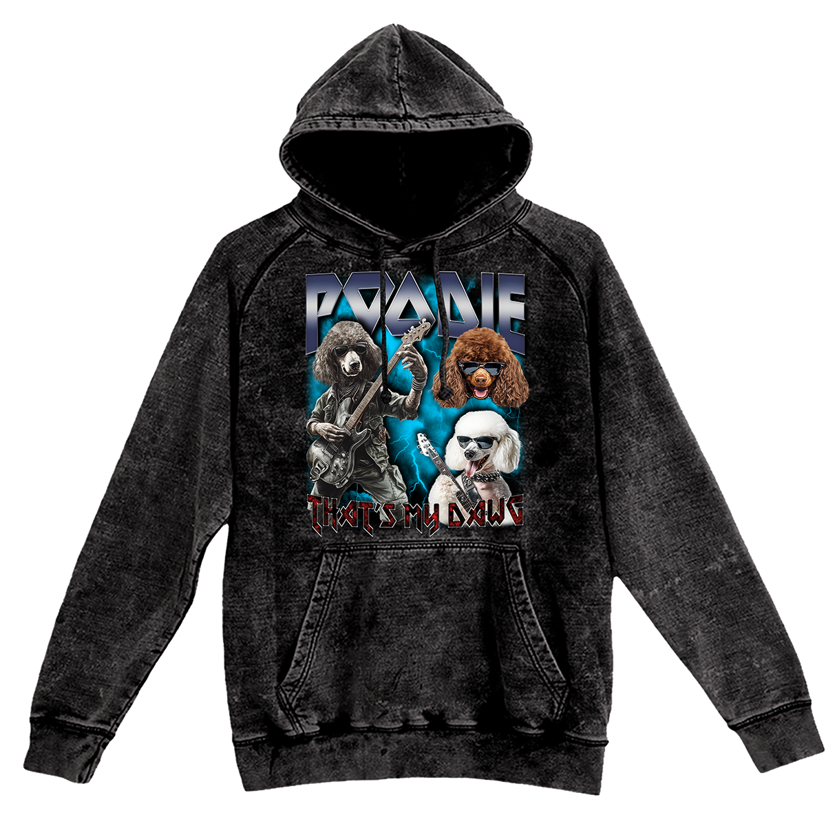 a black hoodie with a picture of dogs on it