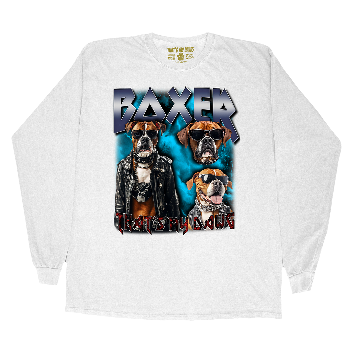 a white shirt with two dogs wearing leather jackets