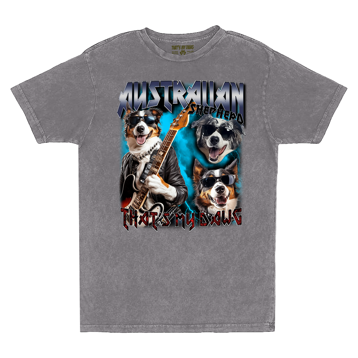 a gray t - shirt with two dogs playing guitars