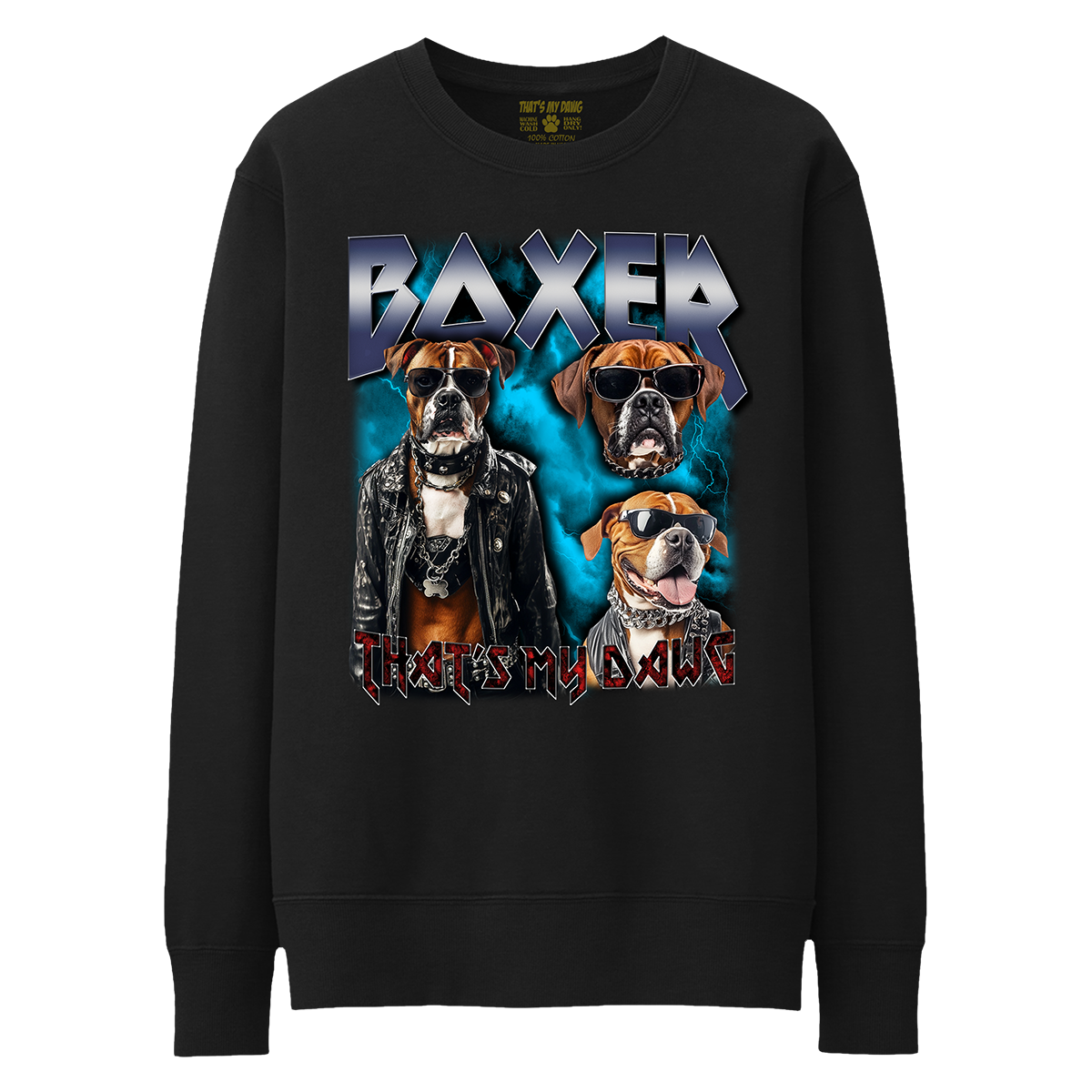 a black sweatshirt with two dogs wearing sunglasses