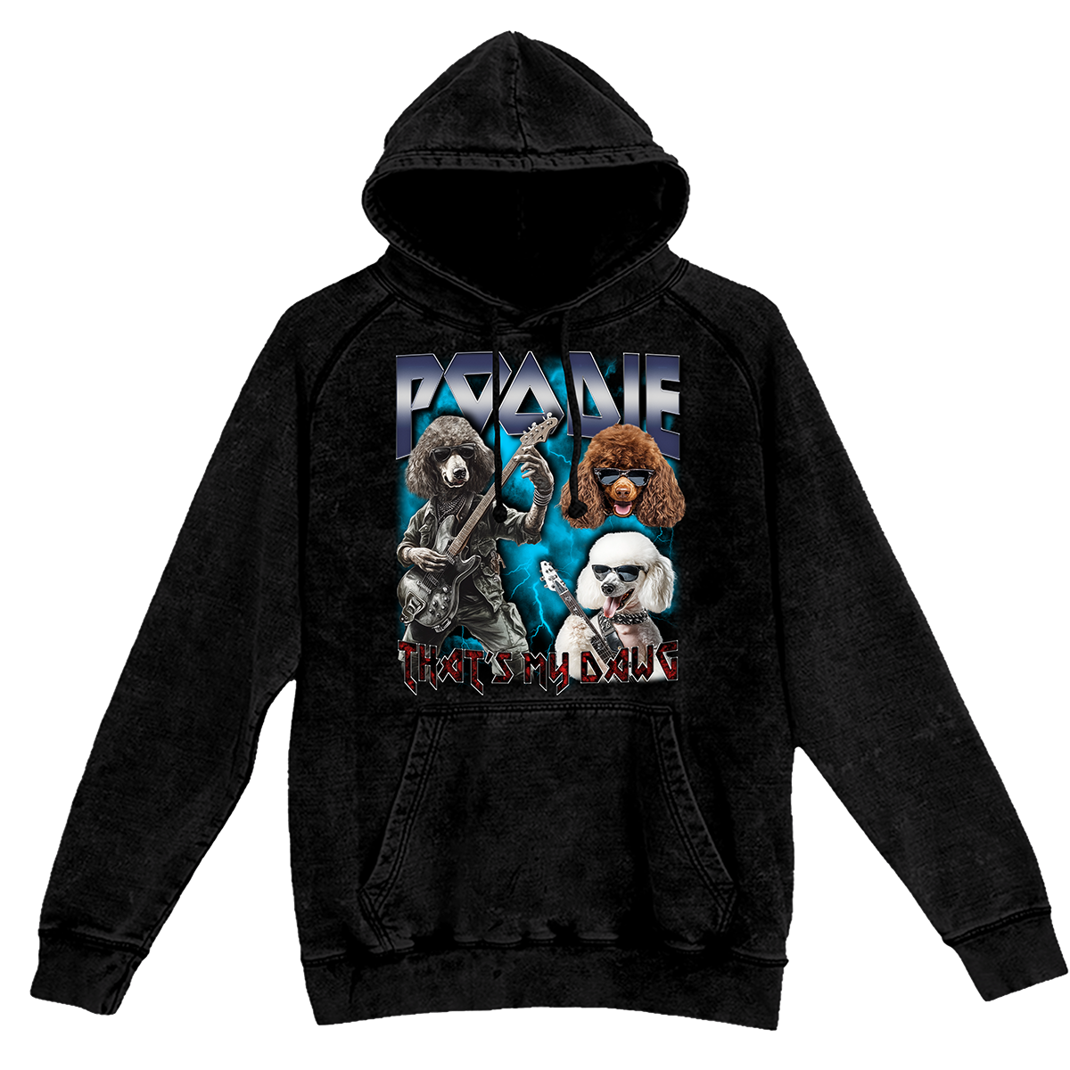 a black hoodie with a group of dogs on it