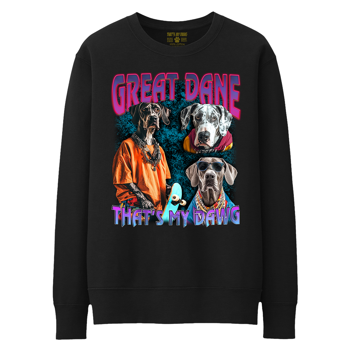 a black sweatshirt with three dogs on it