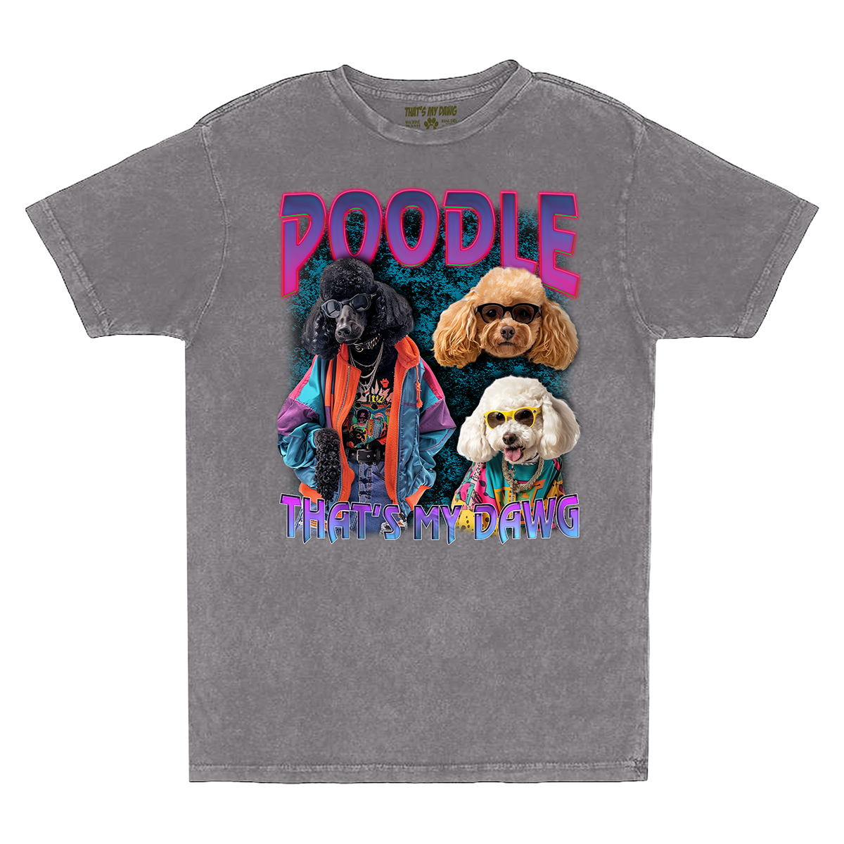 a grey t - shirt with a picture of poodles on it