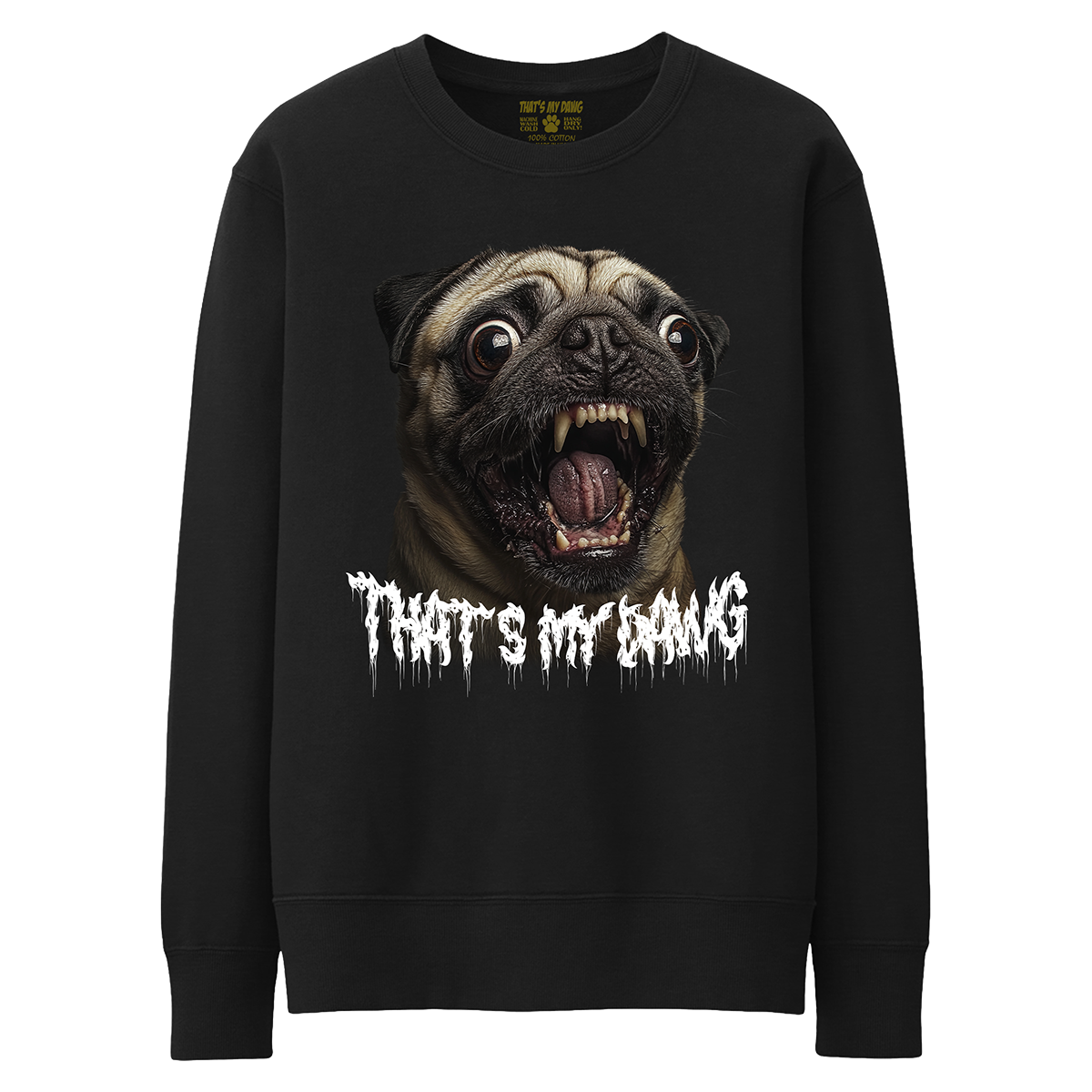a black sweatshirt with an image of a pug's mouth