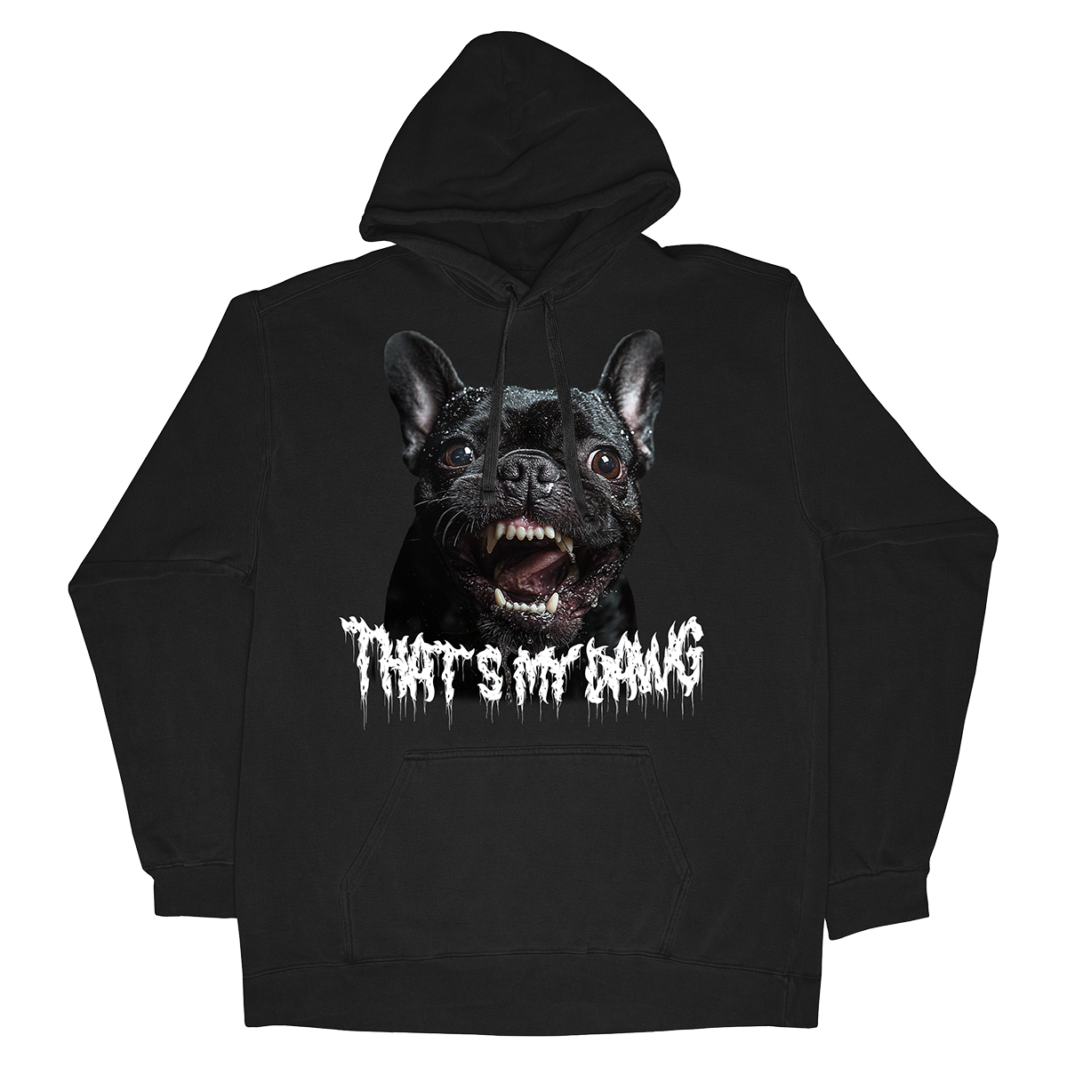 a black hoodie with a picture of a dog on it