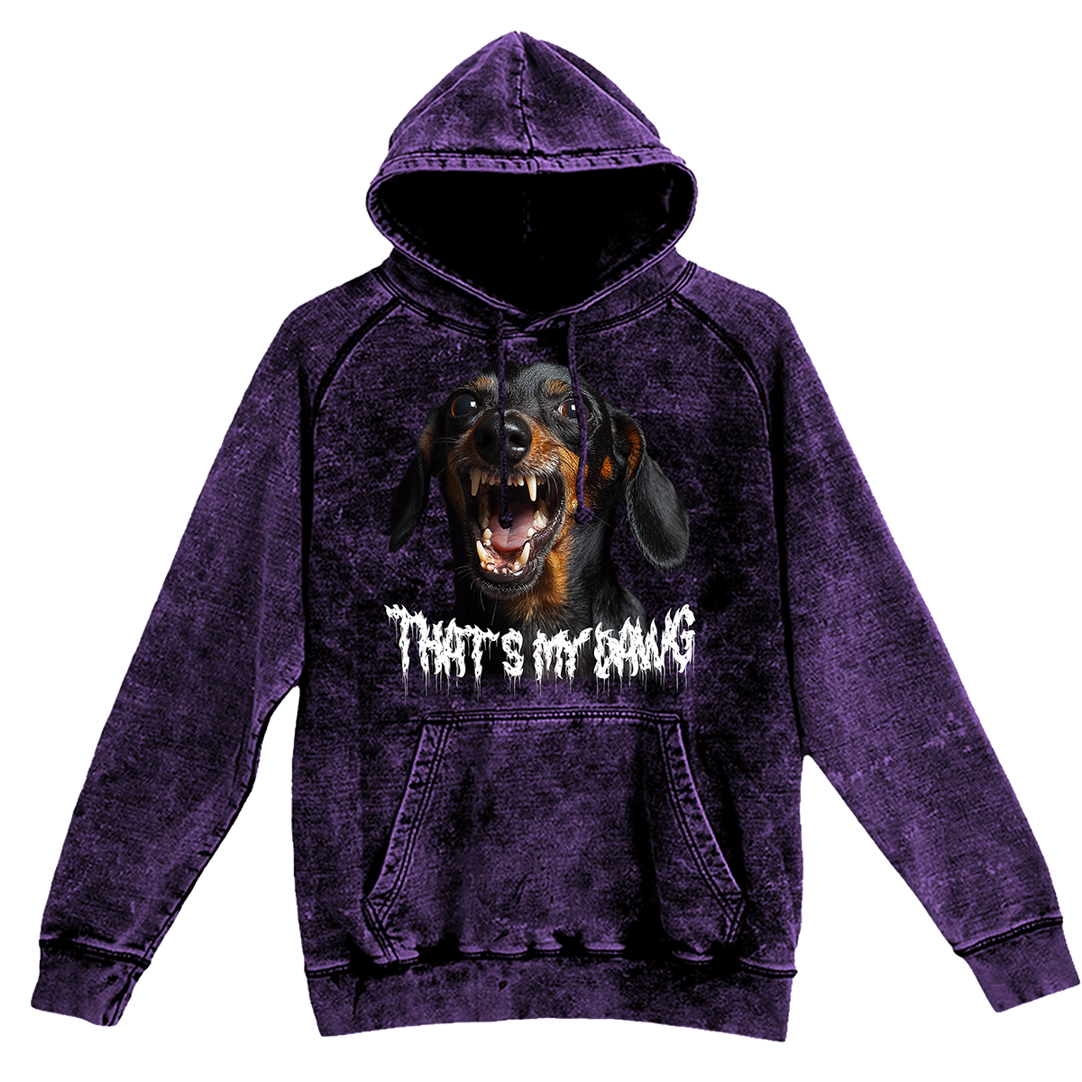 a purple hoodie with a picture of a dog on it
