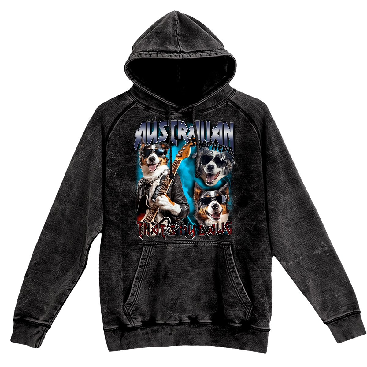 a black hoodie with a picture of two dogs on it