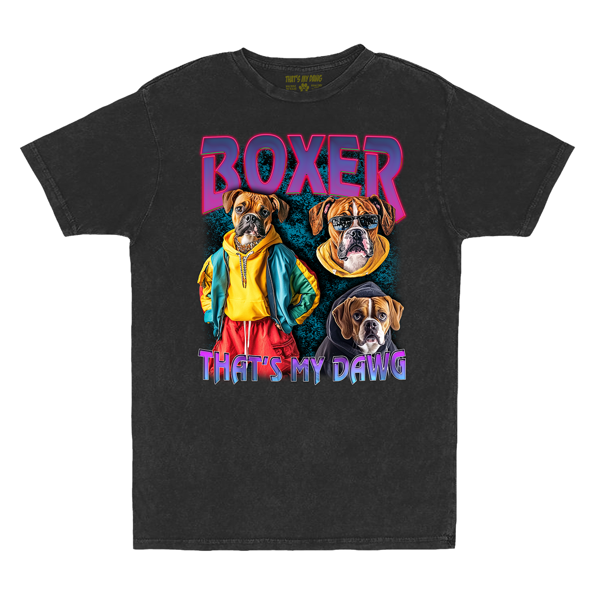 a black t - shirt with two boxer dogs on it