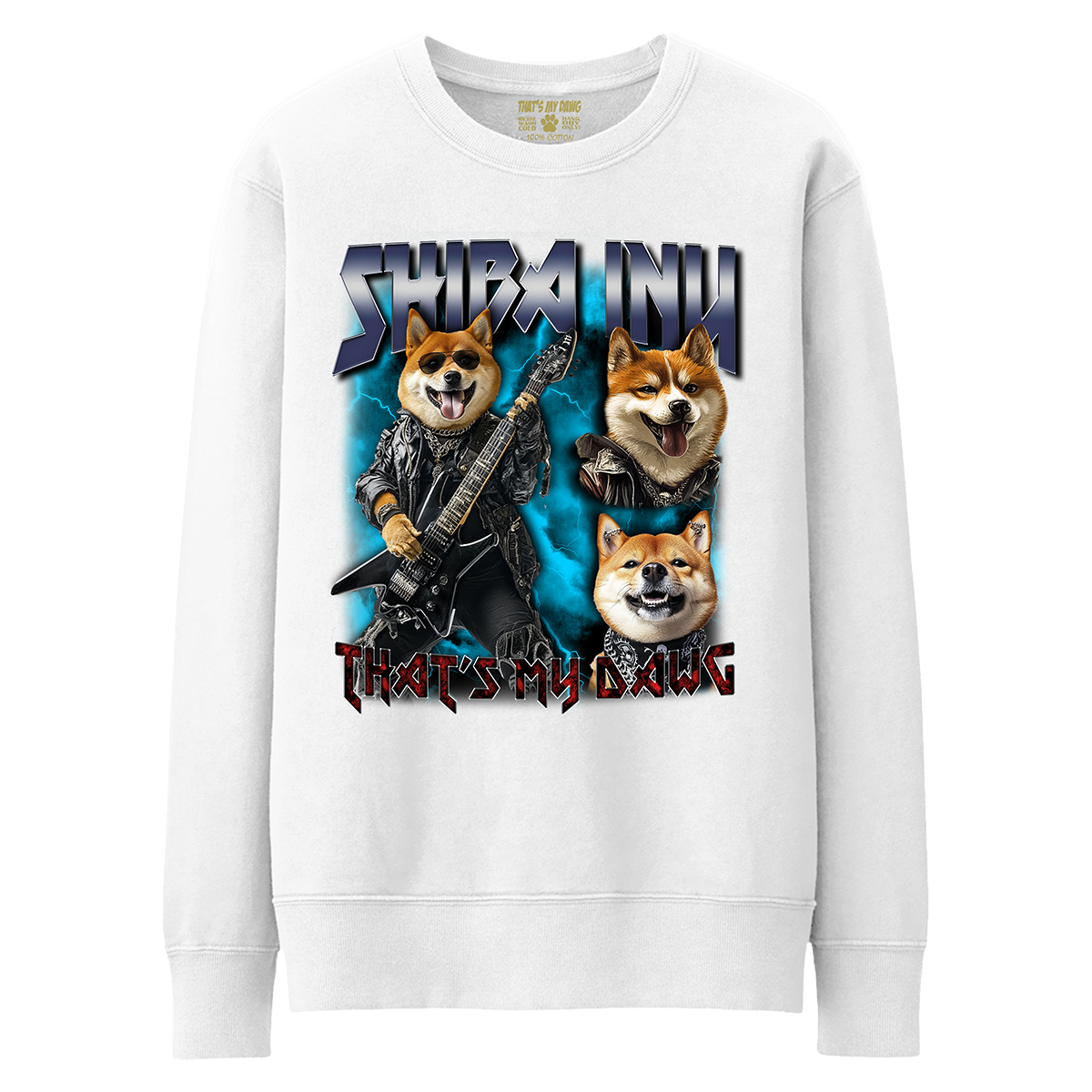 a white sweatshirt with two dogs and a guitar