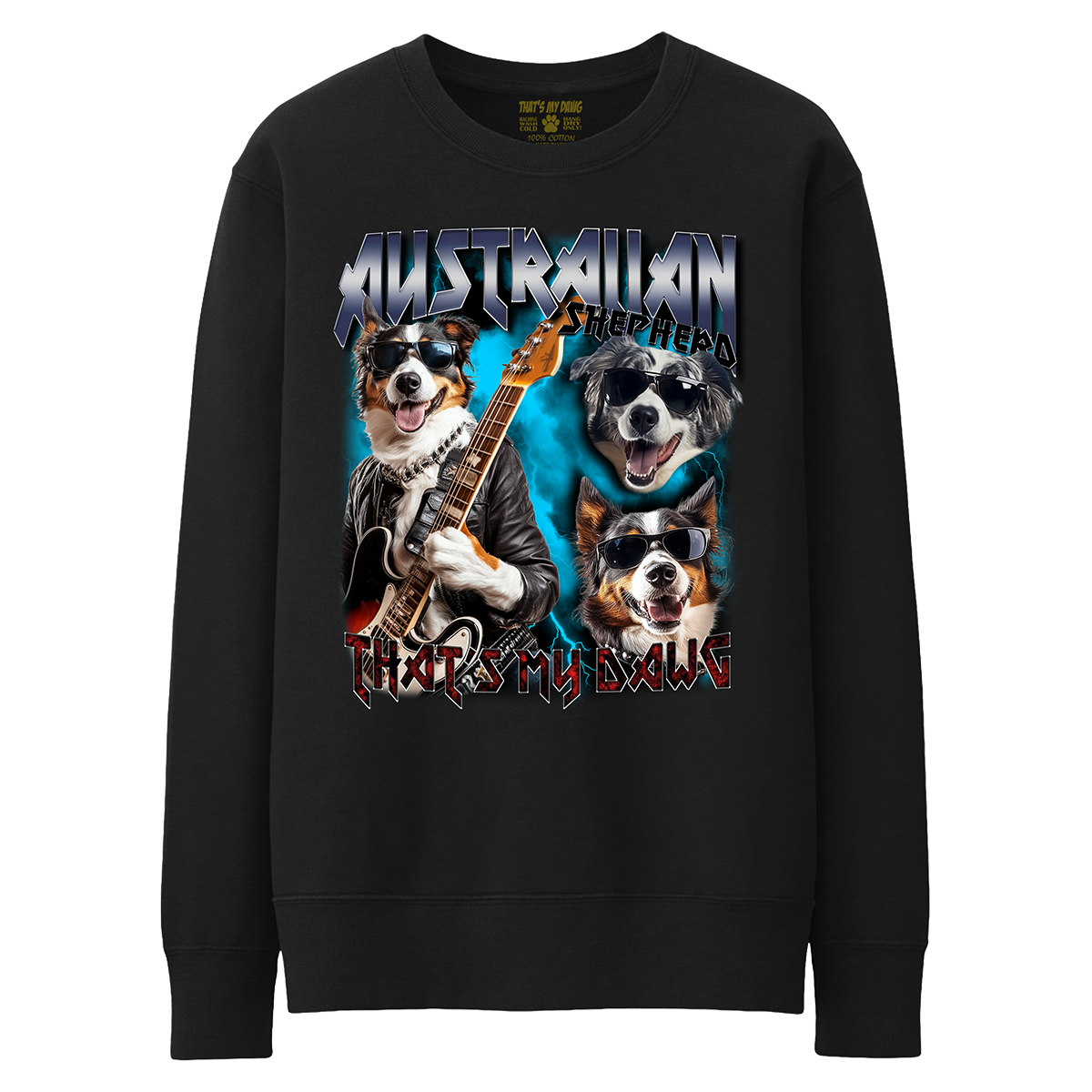 a black sweatshirt with two dogs playing guitars