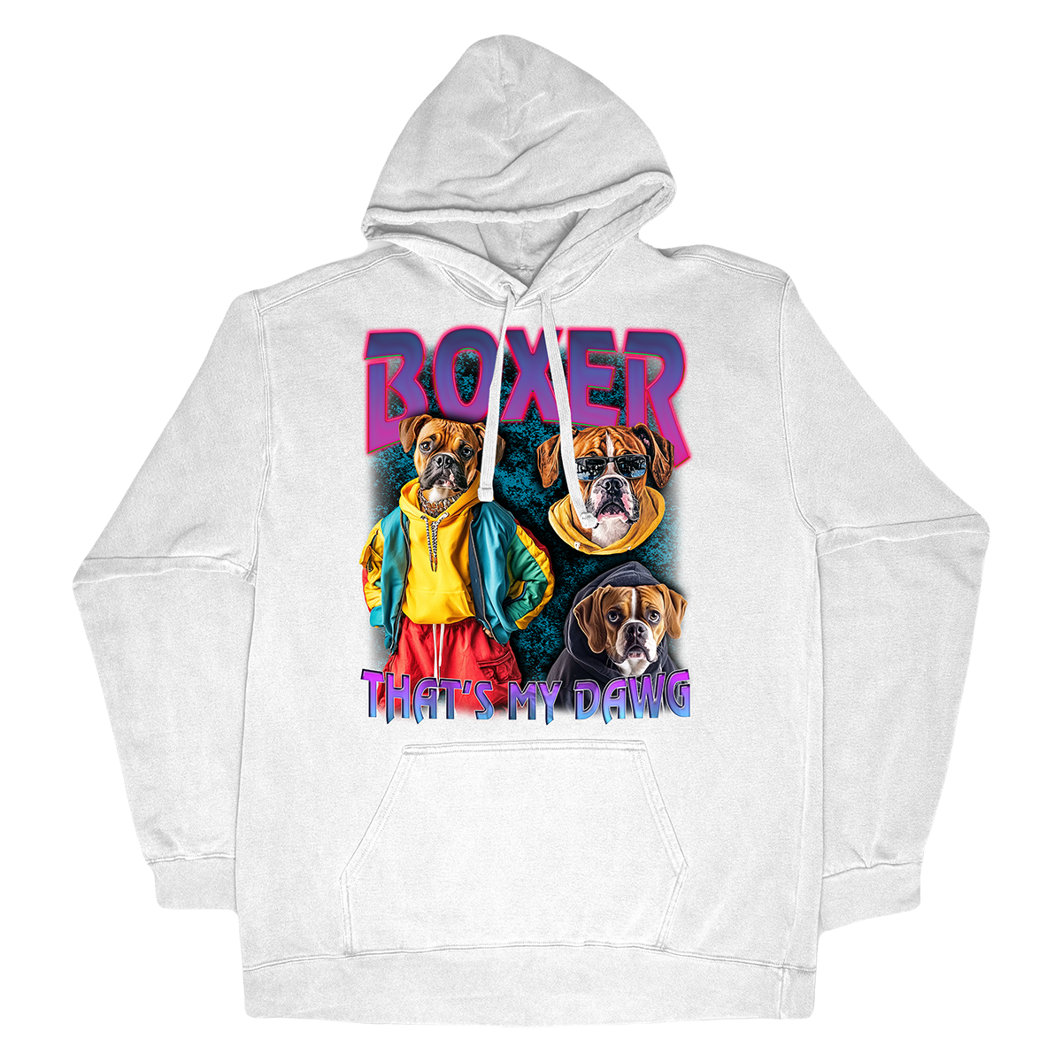 a white hoodie with two dogs on it